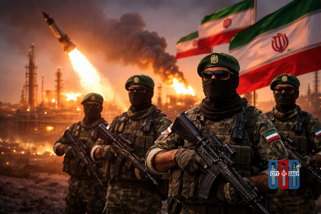 Armed Iranian Revolutionary Guard soldiers stand near an industrial energy facility as a missile launches in the background, illustrating Iran’s military escalation and threats to regional energy infrastructure.