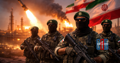 Armed Iranian Revolutionary Guard soldiers stand near an industrial energy facility as a missile launches in the background, illustrating Iran’s military escalation and threats to regional energy infrastructure.