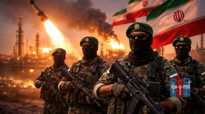 Armed Iranian Revolutionary Guard soldiers stand near an industrial energy facility as a missile launches in the background, illustrating Iran’s military escalation and threats to regional energy infrastructure.