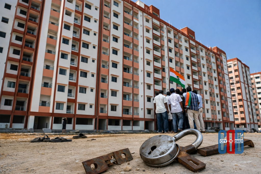 Illegal occupation of double bedroom houses in Sirisannagudem village, Jangaon district