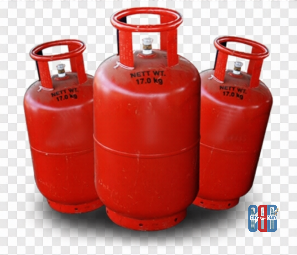Domestic LPG gas cylinder delivery at a household with distributor worker unloading cylinders