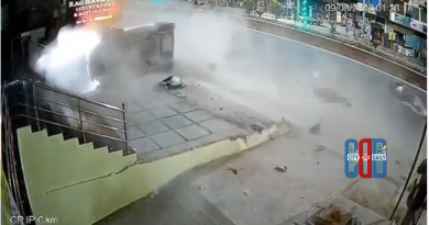 Car accident scene on the Nalgonda–Hyderabad highway where sanitation workers and a scooter rider were injured after being hit by a speeding vehicle.