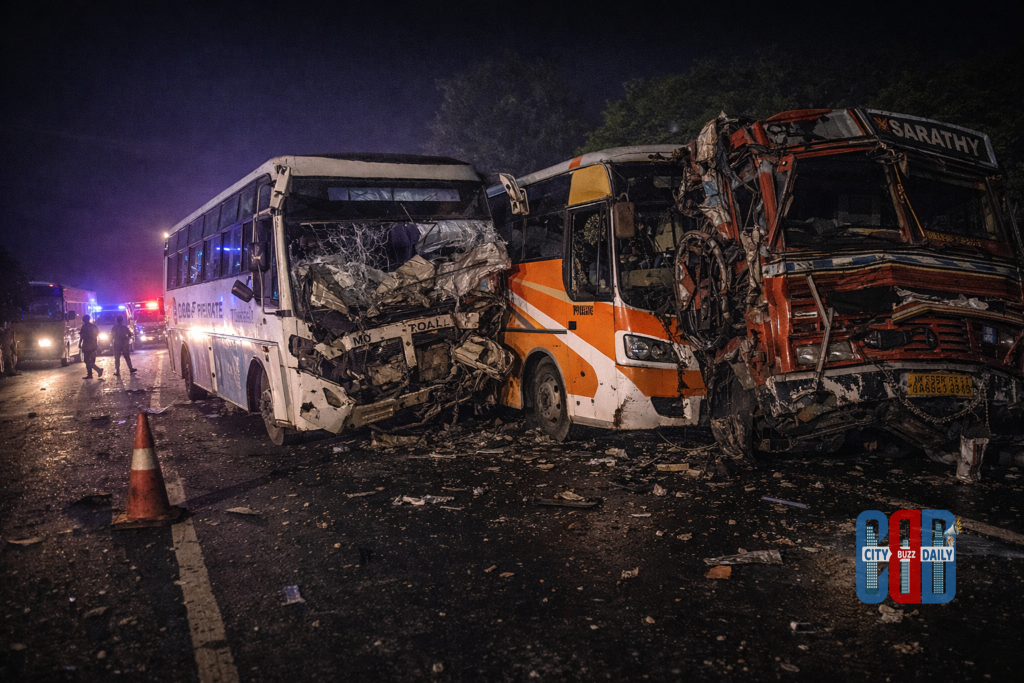 Narketpally road accident on Hyderabad–Vijayawada highway where a speeding lorry hit parked buses, killing two bus drivers