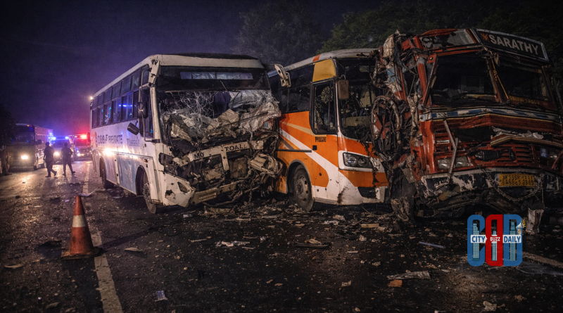 Narketpally road accident on Hyderabad–Vijayawada highway where a speeding lorry hit parked buses, killing two bus drivers
