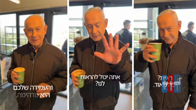 Israeli Prime Minister Benjamin Netanyahu seen in a video at a café responding to rumours about his death.