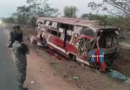Overturned private travels bus after fatal road accident near Gannaram in Nizamabad district