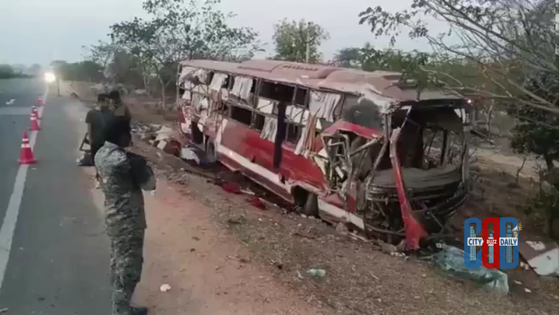 Overturned private travels bus after fatal road accident near Gannaram in Nizamabad district