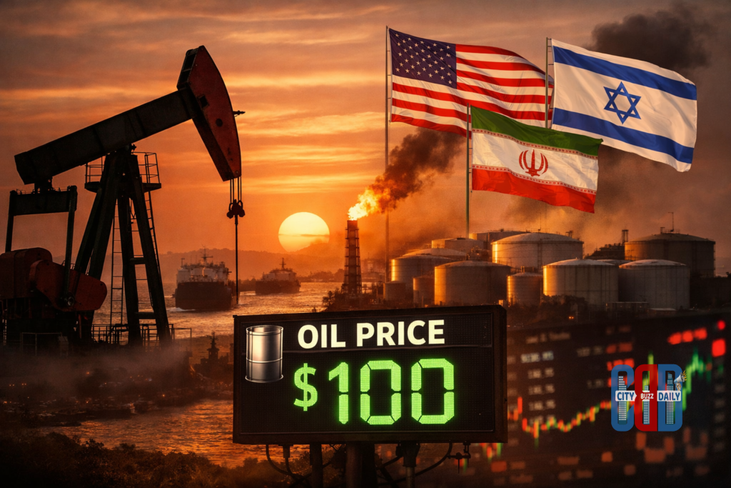 Oil pumpjack near storage tanks with US, Israel, and Iran flags as crude oil price crosses $100 per barrel amid Middle East conflict.