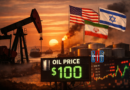 Oil pumpjack near storage tanks with US, Israel, and Iran flags as crude oil price crosses $100 per barrel amid Middle East conflict.