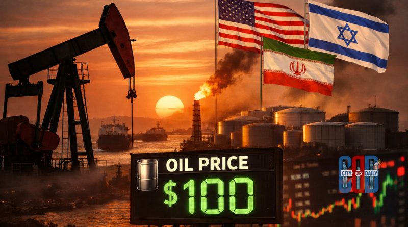 Oil pumpjack near storage tanks with US, Israel, and Iran flags as crude oil price crosses $100 per barrel amid Middle East conflict.