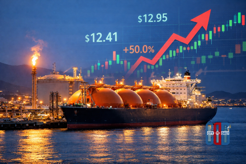Liquefied natural gas (LNG) tanker docked at an industrial export terminal with storage tanks and flare stack, illustrating the global LNG trade and rising gas prices in Europe and Asia.