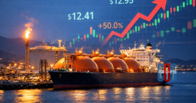 Liquefied natural gas (LNG) tanker docked at an industrial export terminal with storage tanks and flare stack, illustrating the global LNG trade and rising gas prices in Europe and Asia.