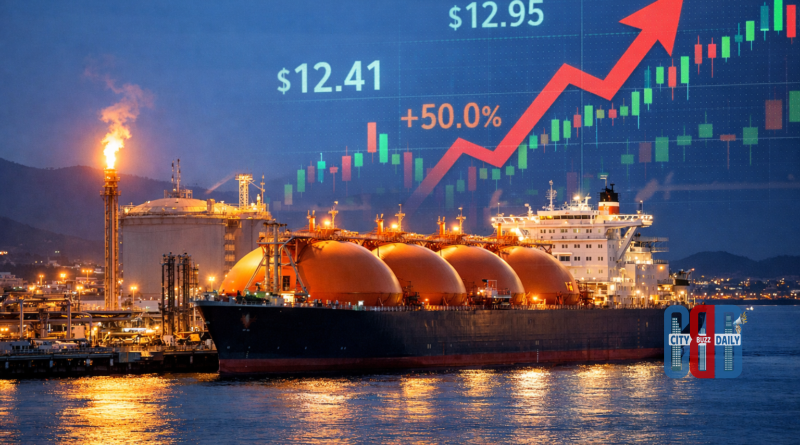 Liquefied natural gas (LNG) tanker docked at an industrial export terminal with storage tanks and flare stack, illustrating the global LNG trade and rising gas prices in Europe and Asia.