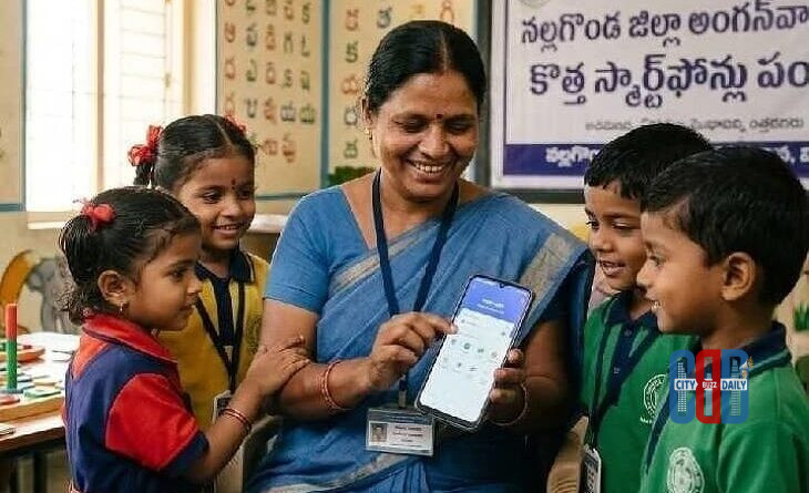 Anganwadi teacher using a smartphone to update data on Poshan Tracker application