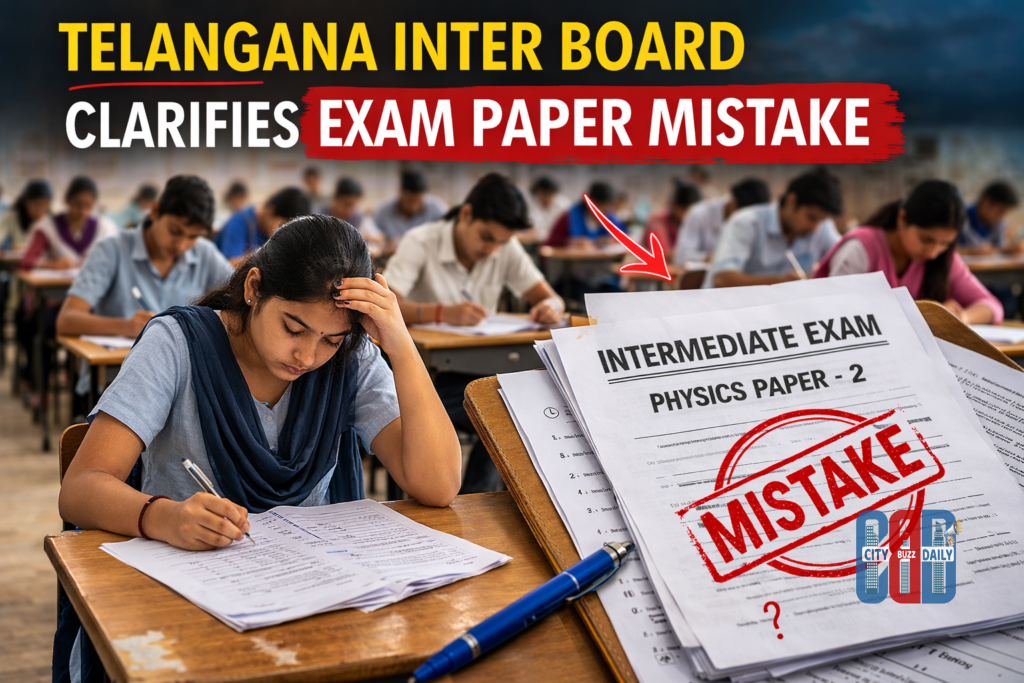 Telangana intermediate students writing exam after Telangana inter exam paper mistake in Physics Paper-2.