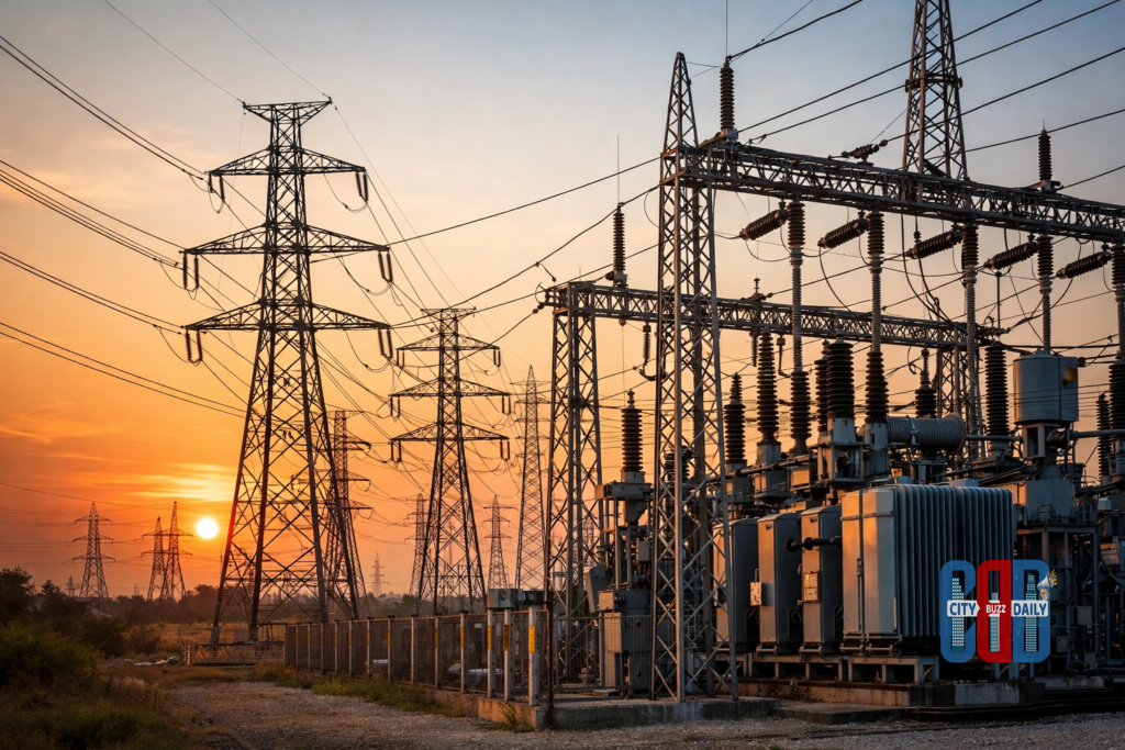 Electricity transmission lines and substation infrastructure in Telangana supporting high power demand