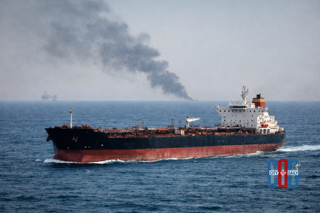 Oil tanker carrying crude oil cargo at sea amid global energy market disruptions.