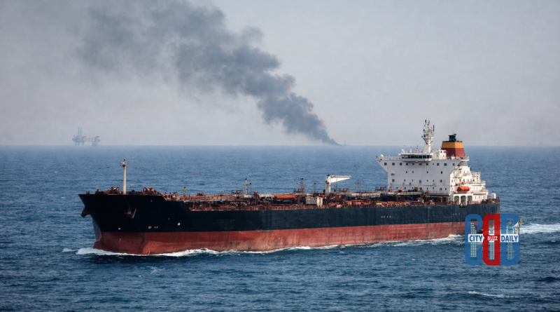 Oil tanker carrying crude oil cargo at sea amid global energy market disruptions.