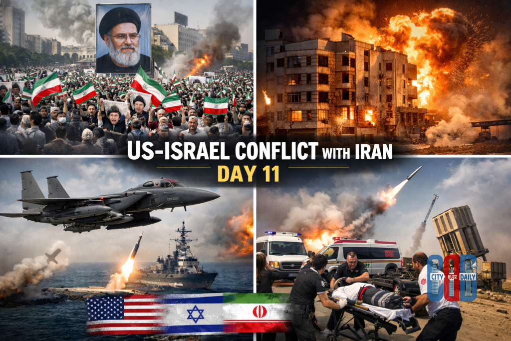 US-Israel Iran war day 11 collage showing Tehran protest, airstrikes, fighter jet operations, and missile interceptions near Israel.
