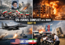 US-Israel Iran war day 11 collage showing Tehran protest, airstrikes, fighter jet operations, and missile interceptions near Israel.