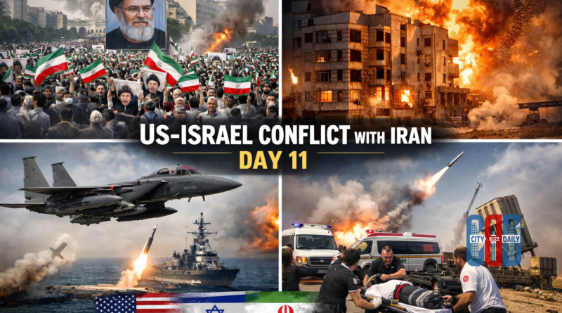 US-Israel Iran war day 11 collage showing Tehran protest, airstrikes, fighter jet operations, and missile interceptions near Israel.