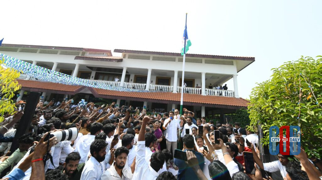 YS Jagan Mohan Reddy hoisting the YSR Congress Party flag during the 16th foundation day celebrations at Tadepalli party headquarters
