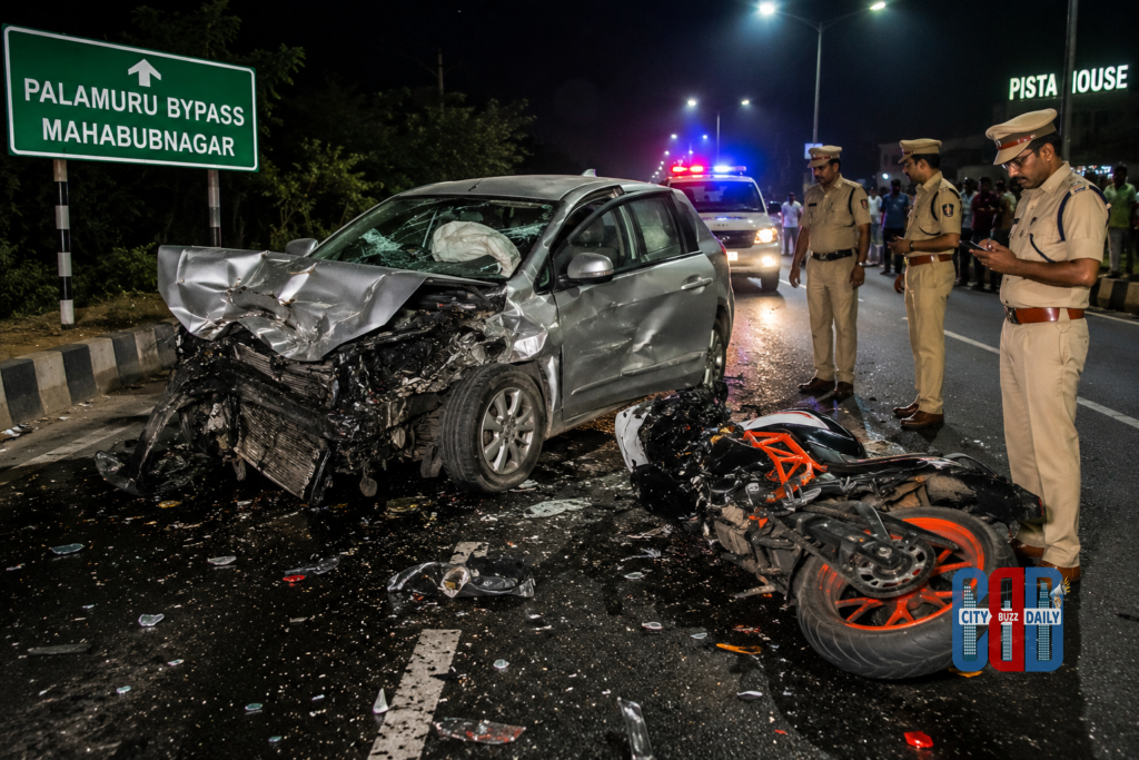 Police personnel at Mahabubnagar road accident site near Palamuru bypass after sports bike crash
