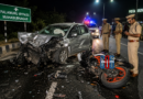 Police personnel at Mahabubnagar road accident site near Palamuru bypass after sports bike crash