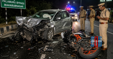 Police personnel at Mahabubnagar road accident site near Palamuru bypass after sports bike crash