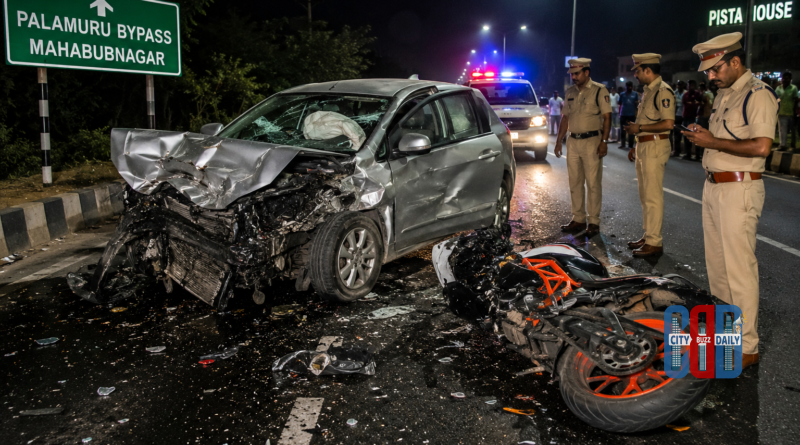 Police personnel at Mahabubnagar road accident site near Palamuru bypass after sports bike crash