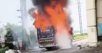 Watch: Bus from Telangana’s Kothagudem catches fire in Srikakulam, seven escape unhurt